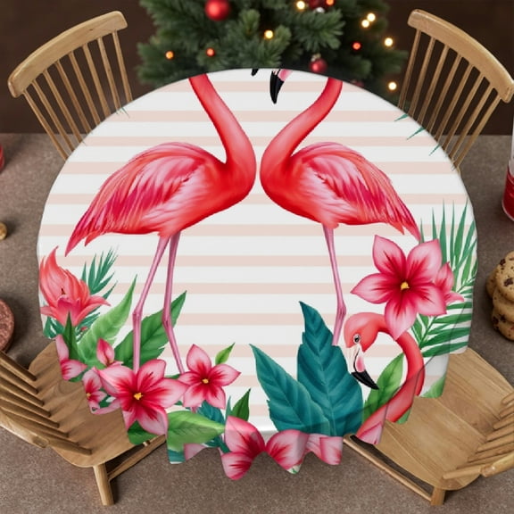 RKSupls 60 Inch Round Tablecloth, Flamingo Tropical Floral Polyester Table Cover - Soft, Stain Resistant & Washable Decor for Wedding, Party, Holiday, Home Dining