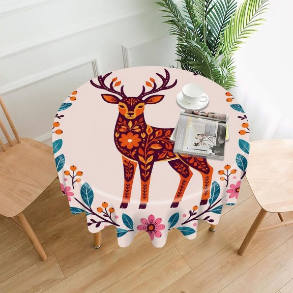 RKSupls 60 Inch Round Tablecloth, Floral Deer Wreath Premium Polyester Straight Edge Wrinkle Resistant Washable Table Cover for Party Home Dining Decor