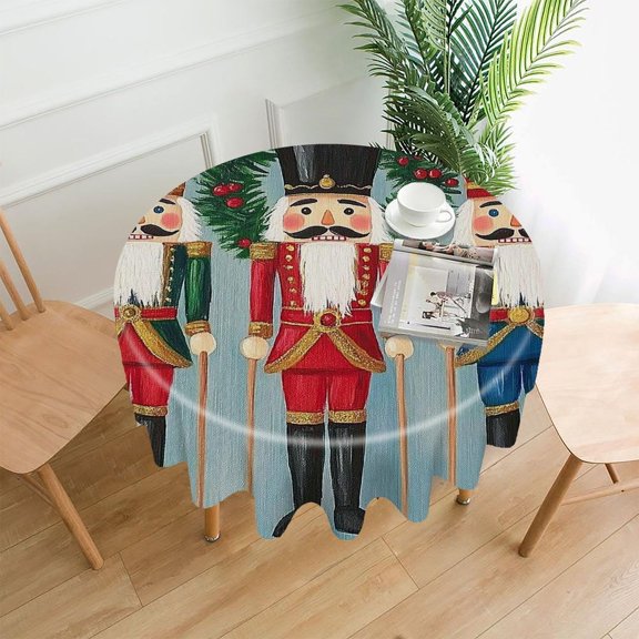 RKSupls 60 Inch Round Tablecloth, Folk Art Nutcrackers Wreath Premium Polyester Straight Edge Wrinkle Resistant Washable Table Cover for Party Home Dining Decor
