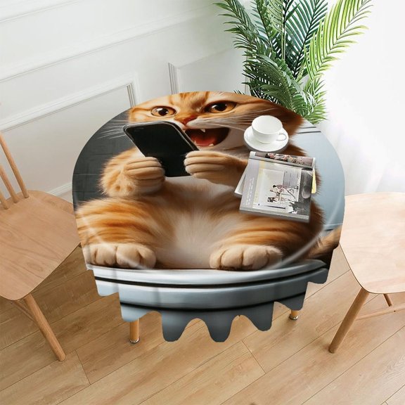RKSupls 60 Inch Round Tablecloth, Funny Cat Using Smartphone Premium Polyester Straight Edge Wrinkle Resistant Washable Table Cover for Party Home Dining Decor