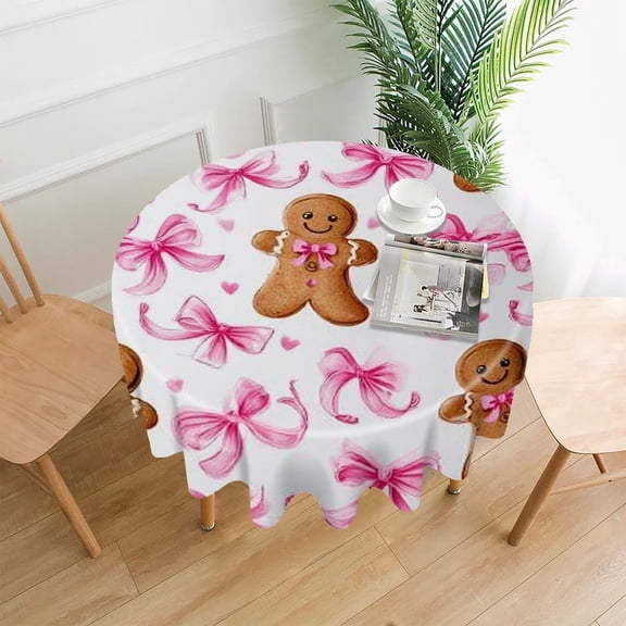 RKSupls 60 Inch Round Tablecloth, Gingerbread Pink Bows Premium Polyester Straight Edge Wrinkle Resistant Washable Table Cover for Party Home Dining Decor
