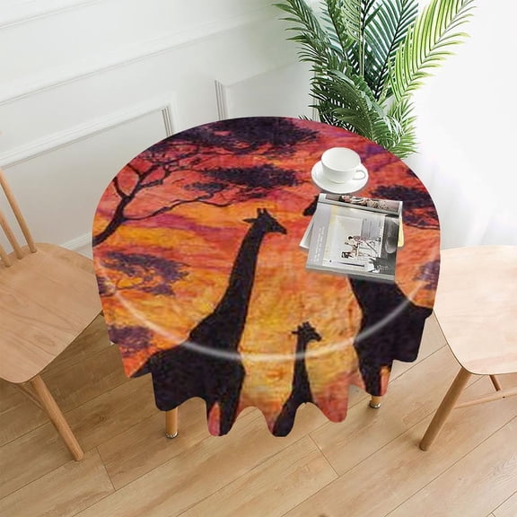 RKSupls 60 Inch Round Tablecloth, Giraffes Sunset Africa Family Premium Polyester Straight Edge Wrinkle Resistant Washable Table Cover for Party Home Dining Decor