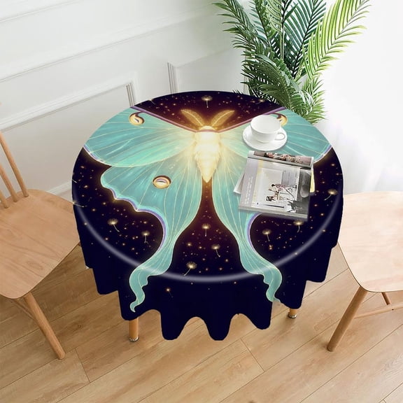 RKSupls 60 Inch Round Tablecloth, Glowing Luna Moth With Dandelions Premium Polyester Straight Edge Wrinkle Resistant Washable Table Cover for Party Home Dining Decor