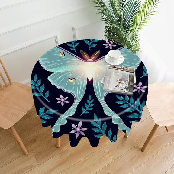 RKSupls 60 Inch Round Tablecloth, Glowing Luna Moth Night Garden Premium Polyester Straight Edge Wrinkle Resistant Washable Table Cover for Party Home Dining Decor