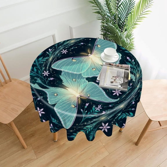 RKSupls 60 Inch Round Tablecloth, Glowing Luna Moths in Enchanted Garden Premium Polyester Straight Edge Wrinkle Resistant Washable Table Cover for Party Home Dining Decor