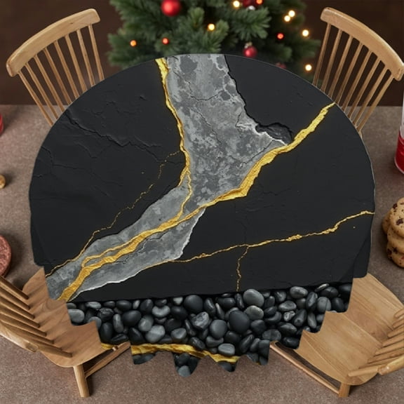 RKSupls 60 Inch Round Tablecloth, Gold Kintsugi Black Stone Polyester Table Cover - Soft, Stain Resistant & Washable Decor for Wedding, Party, Holiday, Home Dining