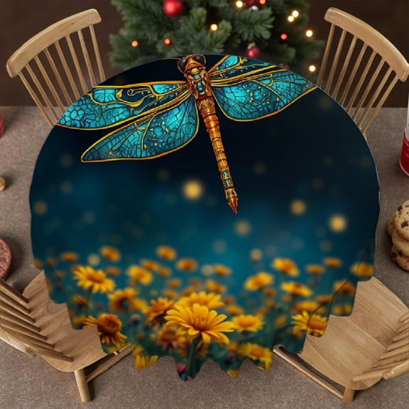 RKSupls 60 Inch Round Tablecloth, Golden Dragonfly Daisy Polyester Table Cover - Soft, Stain Resistant & Washable Decor for Wedding, Party, Holiday, Home Dining