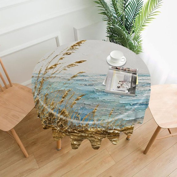 RKSupls 60 Inch Round Tablecloth, Golden Reeds Seaside Abstract Premium Polyester Straight Edge Wrinkle Resistant Washable Table Cover for Party Home Dining Decor
