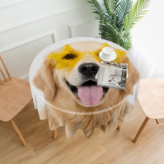 RKSupls 60 Inch Round Tablecloth, Golden Retriever Star Sunglasses.png Premium Polyester Straight Edge Wrinkle Resistant Washable Table Cover for Party Home Dining Decor