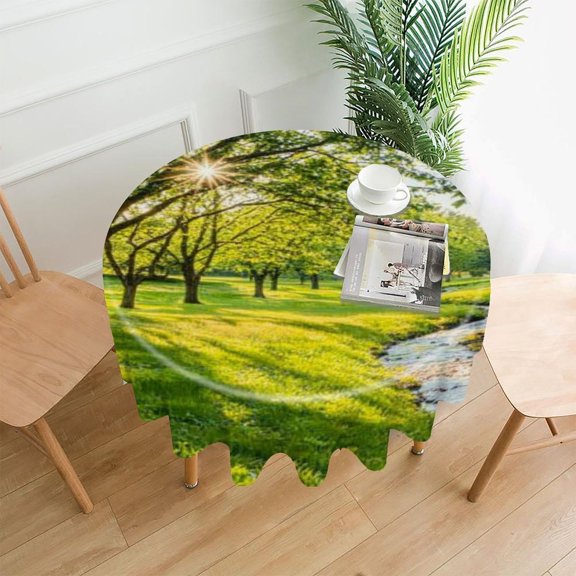 RKSupls 60 Inch Round Tablecloth, Green Meadow Stream Sunshine Premium Polyester Straight Edge Wrinkle Resistant Washable Table Cover for Party Home Dining Decor