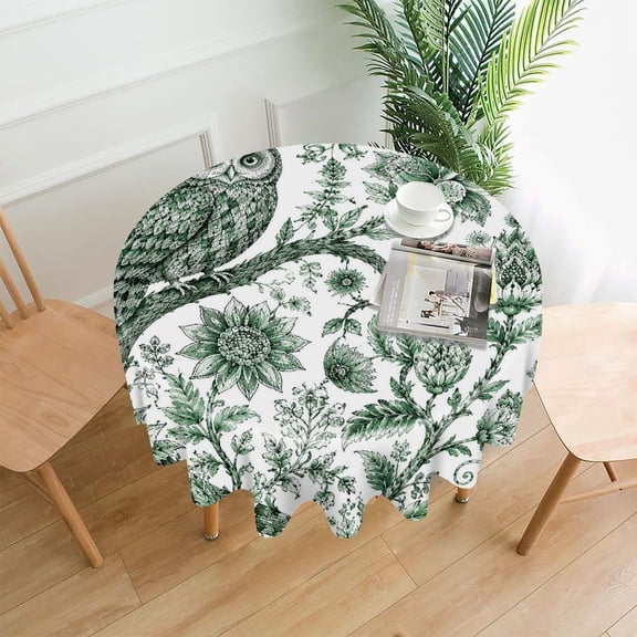 RKSupls 60 Inch Round Tablecloth, Green Owl Toile Premium Polyester Straight Edge Wrinkle Resistant Washable Table Cover for Party Home Dining Decor