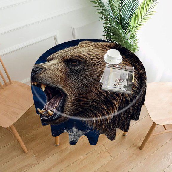 RKSupls 60 Inch Round Tablecloth, Grizzly Bear Roar Star Field Portrait Premium Polyester Straight Edge Wrinkle Resistant Washable Table Cover for Party Home Dining Decor