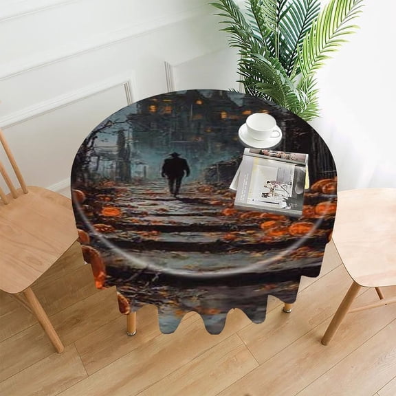 RKSupls 60 Inch Round Tablecloth, Halloween House Premium Polyester Straight Edge Wrinkle Resistant Washable Table Cover for Party Home Dining Decor