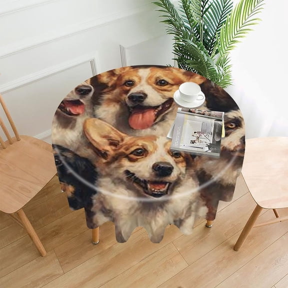 RKSupls 60 Inch Round Tablecloth, Happy Dogs Group Premium Polyester Straight Edge Wrinkle Resistant Washable Table Cover for Party Home Dining Decor