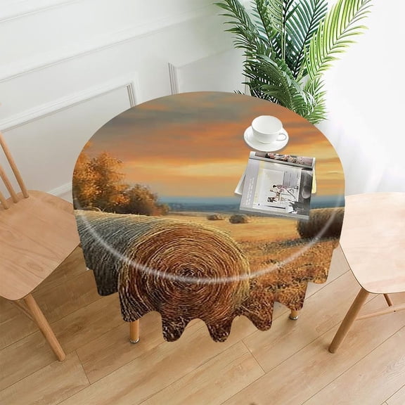 RKSupls 60 Inch Round Tablecloth, Hay Bales Sunset Field Premium Polyester Straight Edge Wrinkle Resistant Washable Table Cover for Party Home Dining Decor