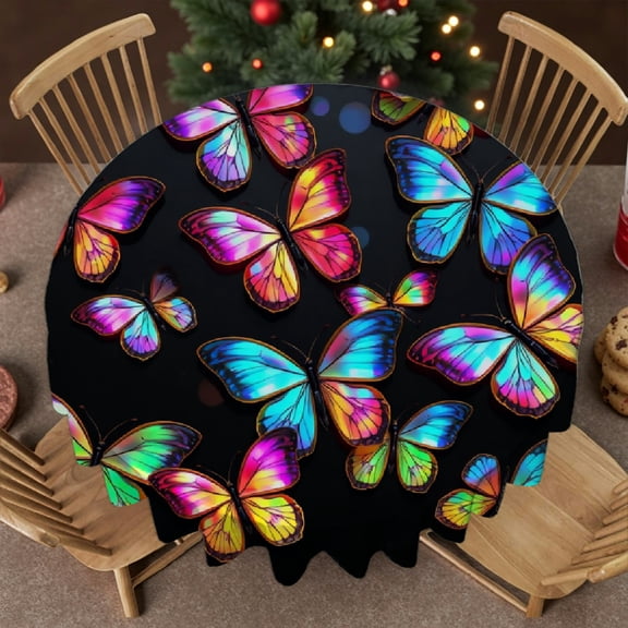 RKSupls 60 Inch Round Tablecloth, Iridescent Rainbow Holographic Butterfly Polyester Table Cover - Soft, Stain Resistant & Washable Decor for Wedding, Party, Holiday, Home Dining