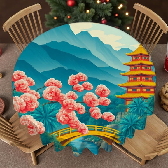 RKSupls 60 Inch Round Tablecloth, Japanese Pagoda Mountain Landscape Polyester Table Cover - Soft, Stain Resistant & Washable Decor for Wedding, Party, Holiday, Home Dining