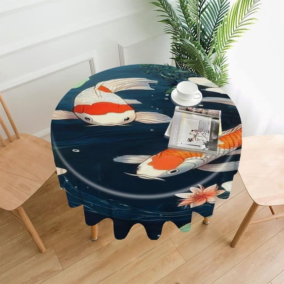 RKSupls 60 Inch Round Tablecloth, Koi Fish Lotus Pond Premium Polyester Straight Edge Wrinkle Resistant Washable Table Cover for Party Home Dining Decor