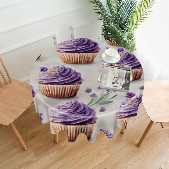 RKSupls 60 Inch Round Tablecloth, Lavender Cupcakes Pattern Premium Polyester Straight Edge Wrinkle Resistant Washable Table Cover for Party Home Dining Decor