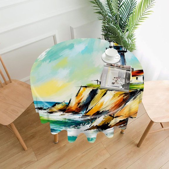 RKSupls 60 Inch Round Tablecloth, Lighthouse on Coastal Cliff.png Premium Polyester Straight Edge Wrinkle Resistant Washable Table Cover for Party Home Dining Decor
