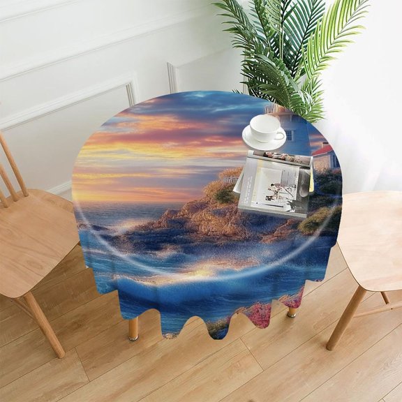 RKSupls 60 Inch Round Tablecloth, Lighthouse Sunset Coastal Waves Premium Polyester Straight Edge Wrinkle Resistant Washable Table Cover for Party Home Dining Decor