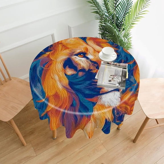 RKSupls 60 Inch Round Tablecloth, Lions Pattern Colorful Premium Polyester Straight Edge Wrinkle Resistant Washable Table Cover for Party Home Dining Decor