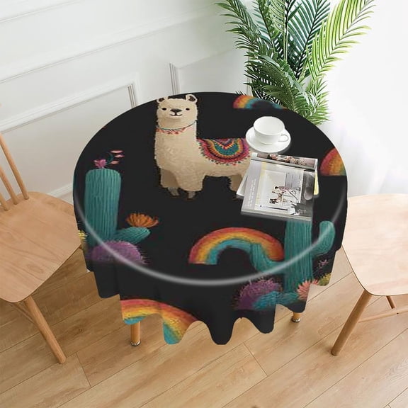 RKSupls 60 Inch Round Tablecloth, Llama Cactus Rainbow Premium Polyester Straight Edge Wrinkle Resistant Washable Table Cover for Party Home Dining Decor