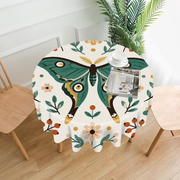 RKSupls 60 Inch Round Tablecloth, Luna Moth Folk Art Floral Premium Polyester Straight Edge Wrinkle Resistant Washable Table Cover for Party Home Dining Decor