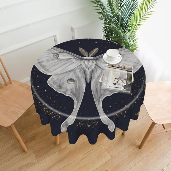 RKSupls 60 Inch Round Tablecloth, Luna Moth Stars Night Premium Polyester Straight Edge Wrinkle Resistant Washable Table Cover for Party Home Dining Decor