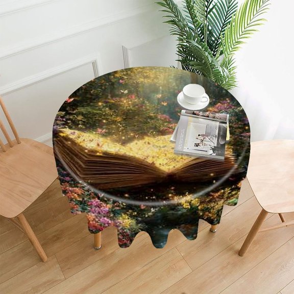 RKSupls 60 Inch Round Tablecloth, Magic Book Forest Premium Polyester Straight Edge Wrinkle Resistant Washable Table Cover for Party Home Dining Decor