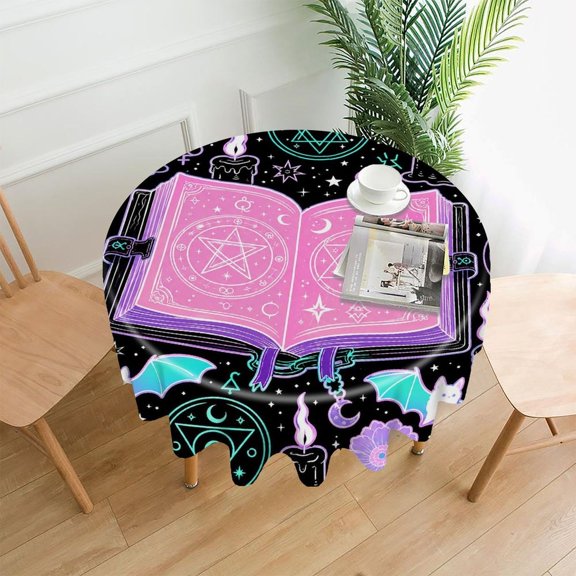 RKSupls 60 Inch Round Tablecloth, Magical Spell Book Pastel Premium Polyester Straight Edge Wrinkle Resistant Washable Table Cover for Party Home Dining Decor