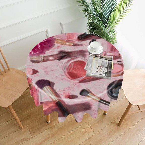 RKSupls 60 Inch Round Tablecloth, Makeup Cosmetics Pink Flatlay Premium Polyester Straight Edge Wrinkle Resistant Washable Table Cover for Party Home Dining Decor