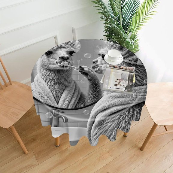 RKSupls 60 Inch Round Tablecloth, Monochrome Llama Brushing Teeth Premium Polyester Straight Edge Wrinkle Resistant Washable Table Cover for Party Home Dining Decor