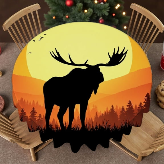 RKSupls 60 Inch Round Tablecloth, Moose Sunset Silhouette Wildlife Polyester Table Cover - Soft, Stain Resistant & Washable Decor for Wedding, Party, Holiday, Home Dining