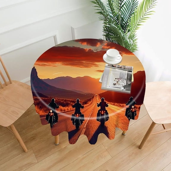 RKSupls 60 Inch Round Tablecloth, Motorcycles Sunset Road Mountain Premium Polyester Straight Edge Wrinkle Resistant Washable Table Cover for Party Home Dining Decor