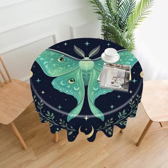 RKSupls 60 Inch Round Tablecloth, Mystical Luna Moth Under Moon Premium Polyester Straight Edge Wrinkle Resistant Washable Table Cover for Party Home Dining Decor