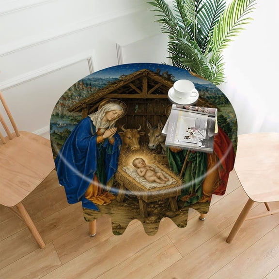 RKSupls 60 Inch Round Tablecloth, Nativity with Angels And Star Premium Polyester Straight Edge Wrinkle Resistant Washable Table Cover for Party Home Dining Decor