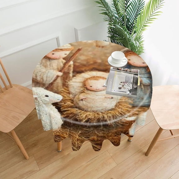 RKSupls 60 Inch Round Tablecloth, Nativity Scene Baby Premium Polyester Straight Edge Wrinkle Resistant Washable Table Cover for Party Home Dining Decor