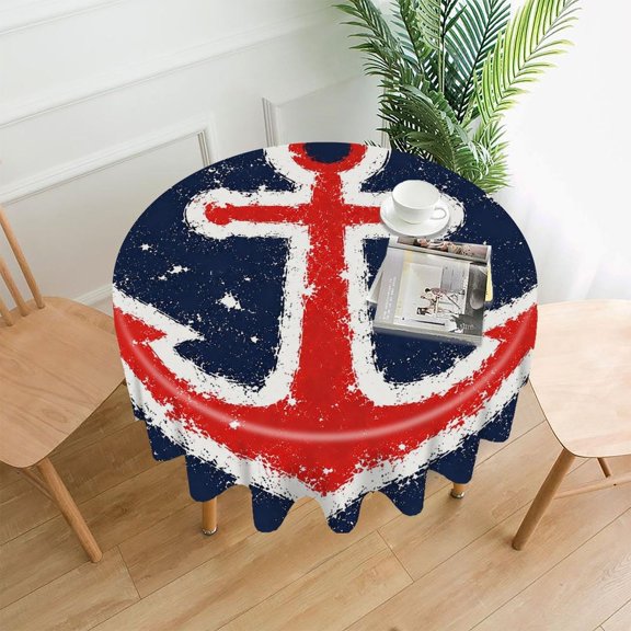 RKSupls 60 Inch Round Tablecloth, Nautical Anchor Navy Blue Star Burst Premium Polyester Straight Edge Wrinkle Resistant Washable Table Cover for Party Home Dining Decor