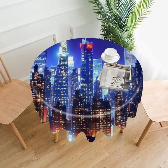 RKSupls 60 Inch Round Tablecloth, New York City Night Skyline Premium Polyester Straight Edge Wrinkle Resistant Washable Table Cover for Party Home Dining Decor