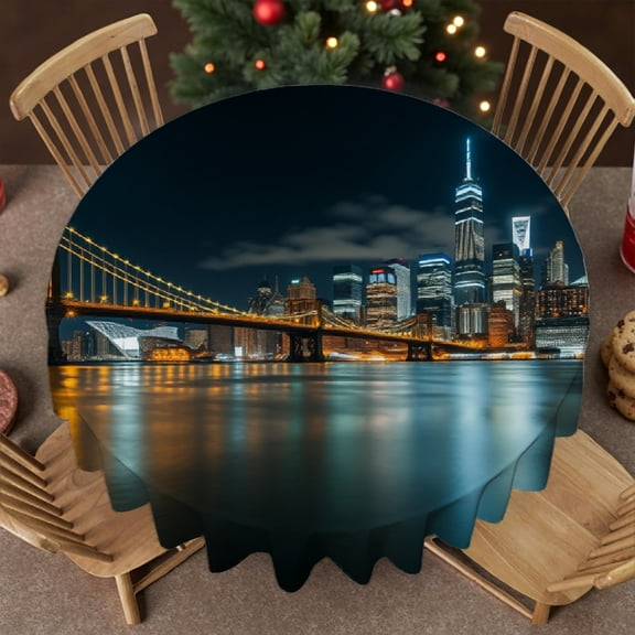 RKSupls 60 Inch Round Tablecloth, New York City Skyline Night Polyester Table Cover - Soft, Stain Resistant & Washable Decor for Wedding, Party, Holiday, Home Dining