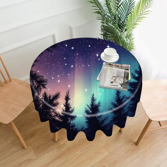 RKSupls 60 Inch Round Tablecloth, Northern Lights Forest Stars Premium Polyester Straight Edge Wrinkle Resistant Washable Table Cover for Party Home Dining Decor