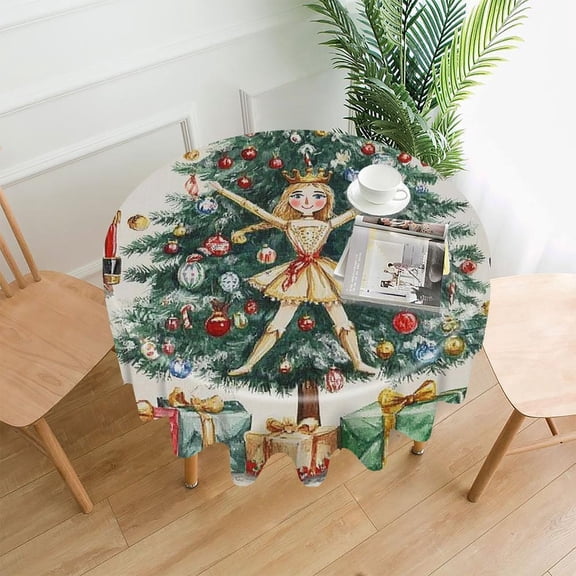 RKSupls 60 Inch Round Tablecloth, Nutcracker Ballerina Christmas Tree Gifts Premium Polyester Straight Edge Wrinkle Resistant Washable Table Cover for Party Home Dining Decor