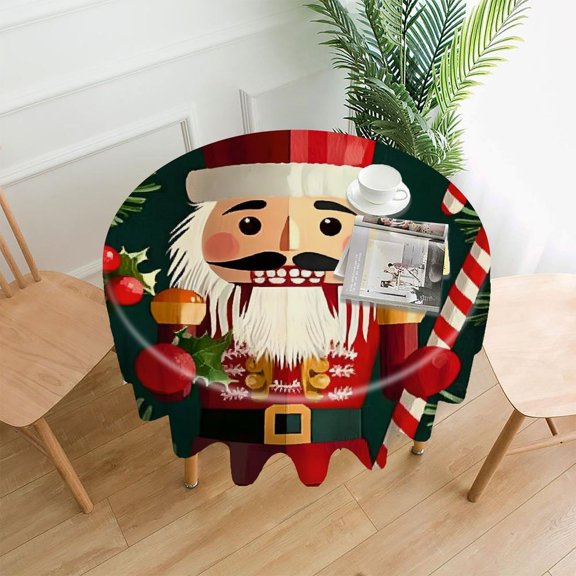 RKSupls 60 Inch Round Tablecloth, Nutcracker Candy Cane Holly Premium Polyester Straight Edge Wrinkle Resistant Washable Table Cover for Party Home Dining Decor