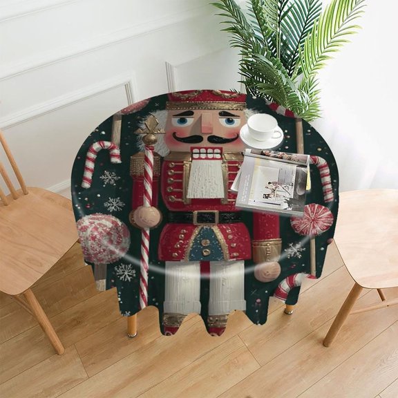 RKSupls 60 Inch Round Tablecloth, Nutcracker Candy Canes Dark Premium Polyester Straight Edge Wrinkle Resistant Washable Table Cover for Party Home Dining Decor