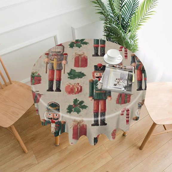 RKSupls 60 Inch Round Tablecloth, Nutcracker Christmas Pattern Premium Polyester Straight Edge Wrinkle Resistant Washable Table Cover for Party Home Dining Decor