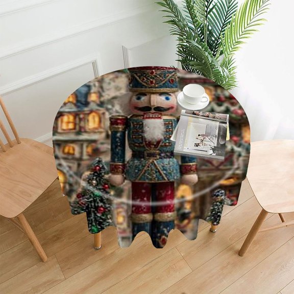 RKSupls 60 Inch Round Tablecloth, Nutcracker Christmas Village Premium Polyester Straight Edge Wrinkle Resistant Washable Table Cover for Party Home Dining Decor