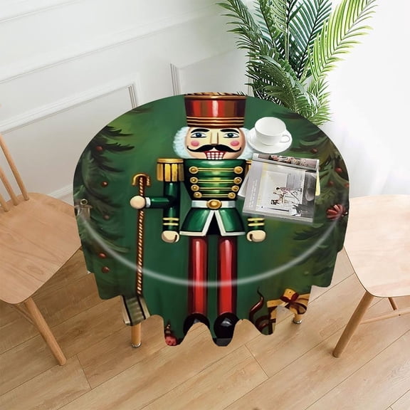 RKSupls 60 Inch Round Tablecloth, Nutcracker Green Uniform Pine Gifts Premium Polyester Straight Edge Wrinkle Resistant Washable Table Cover for Party Home Dining Decor