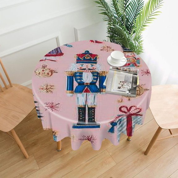 RKSupls 60 Inch Round Tablecloth, Nutcracker Ornament Pink Premium Polyester Straight Edge Wrinkle Resistant Washable Table Cover for Party Home Dining Decor