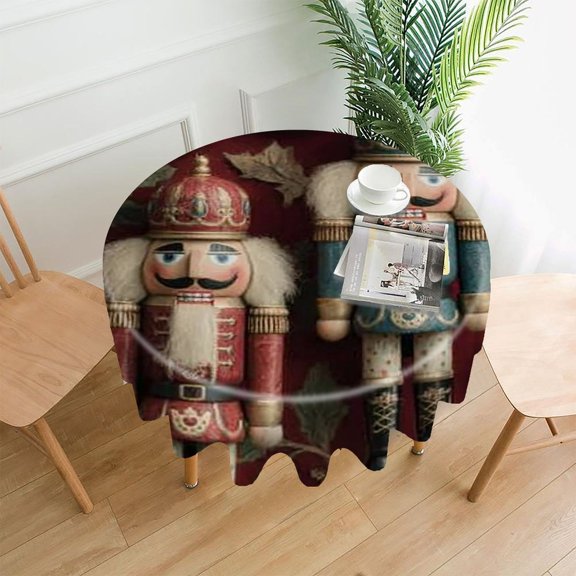 RKSupls 60 Inch Round Tablecloth, Nutcracker Ornaments Red Premium Polyester Straight Edge Wrinkle Resistant Washable Table Cover for Party Home Dining Decor